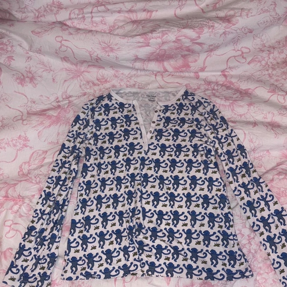 Roller Rabbit Blue and White Monkey Print Top